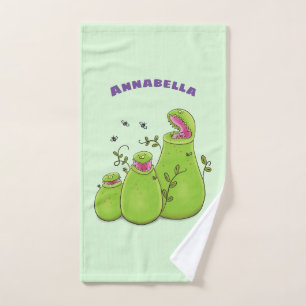 Funny green carnivorous pitcher plants cartoon bath towel set