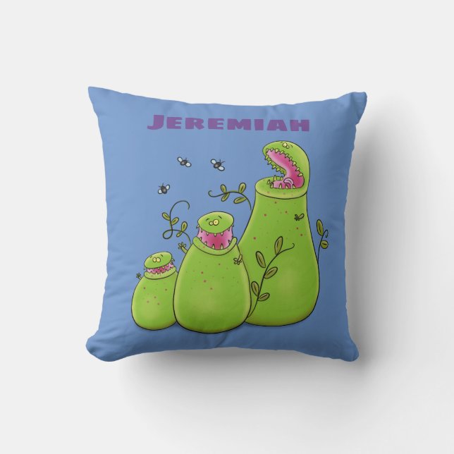Funny green carnivorous pitcher plants cartoon cushion (Front)