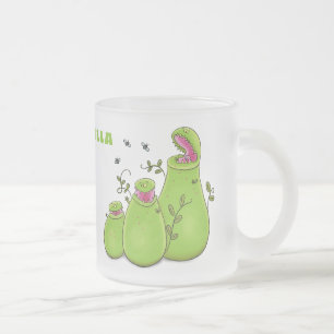 Funny green carnivorous pitcher plants cartoon frosted glass coffee mug