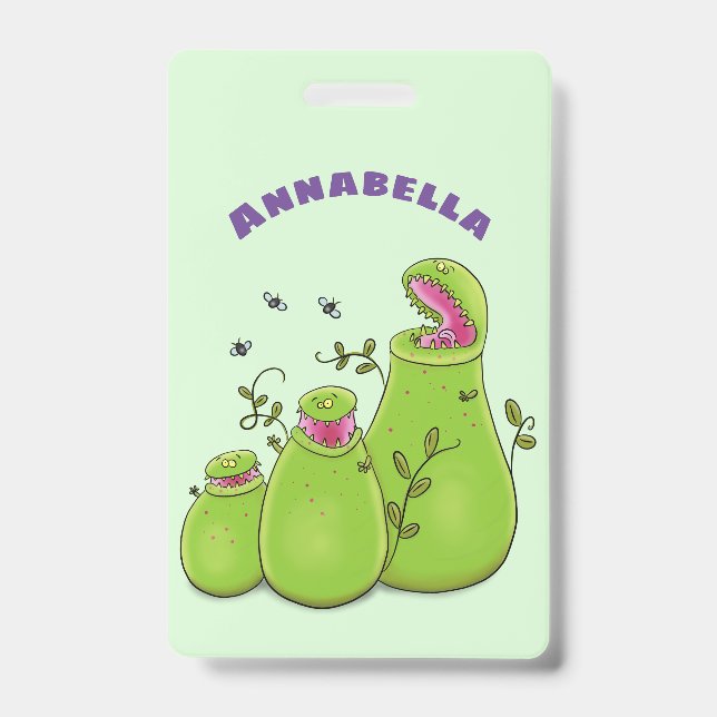 Funny green carnivorous pitcher plants cartoon ID badge (Front)