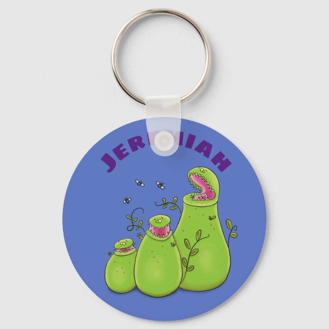 Funny green carnivorous pitcher plants cartoon key ring (Front)