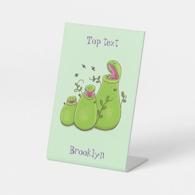 Funny green carnivorous pitcher plants cartoon pedestal sign (Front)