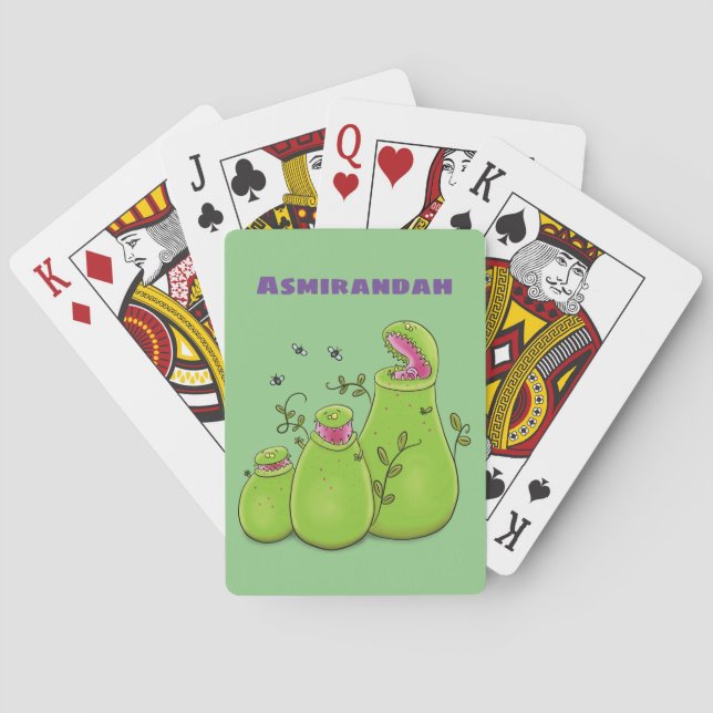 Funny green carnivorous pitcher plants cartoon playing cards (Back)