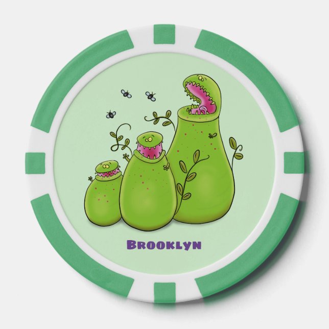 Funny green carnivorous pitcher plants cartoon poker chips (Front)