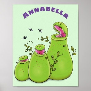 Funny green carnivorous pitcher plants cartoon poster
