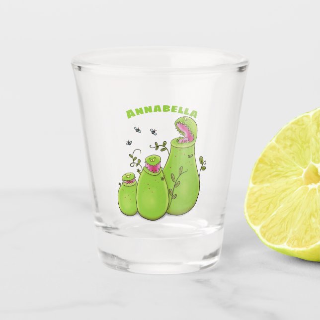 Funny green carnivorous pitcher plants cartoon shot glass (Front)