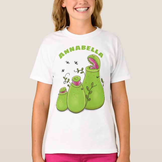 Funny green carnivorous pitcher plants cartoon T-Shirt (Front)