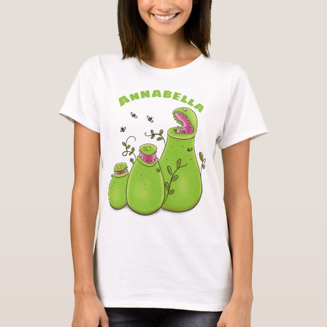 Funny green carnivorous pitcher plants cartoon T-Shirt (Front)