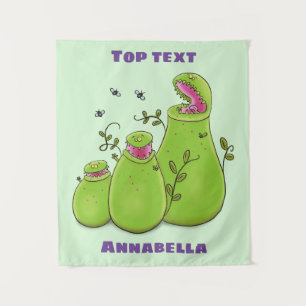 Funny green carnivorous pitcher plants cartoon  tapestry