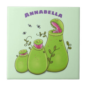 Funny green carnivorous pitcher plants cartoon tile
