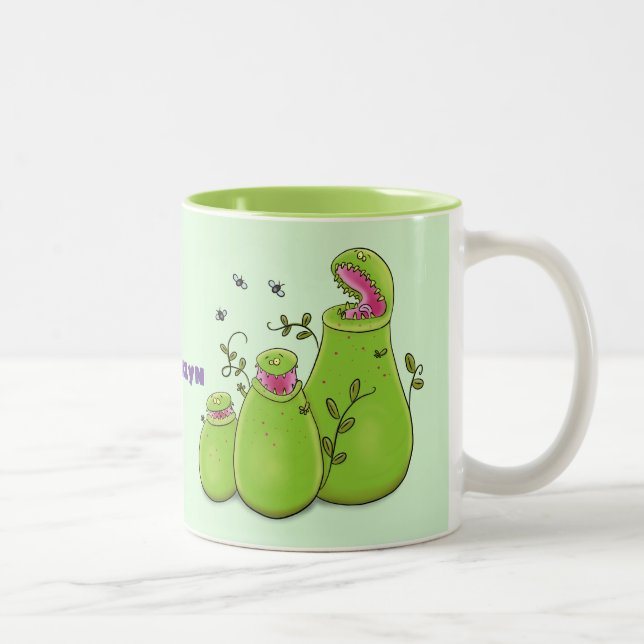 Funny green carnivorous pitcher plants cartoon Two-Tone coffee mug (Right)