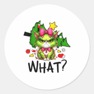 Funny Green Cat Christmas Tree Merry Xmas Humor Ca Classic Round Sticker