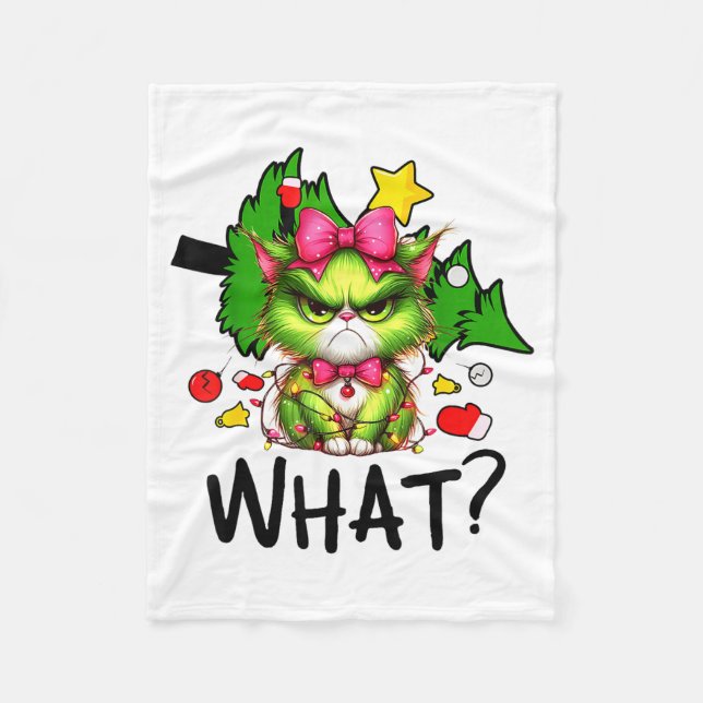 Funny Green Cat Christmas Tree Merry Xmas Humor Ca Fleece Blanket (Front)