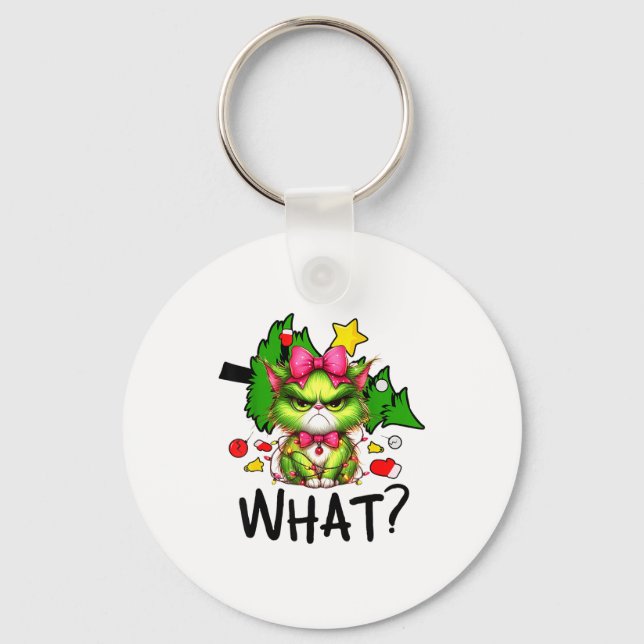 Funny Green Cat Christmas Tree Merry Xmas Humor Ca Key Ring (Front)