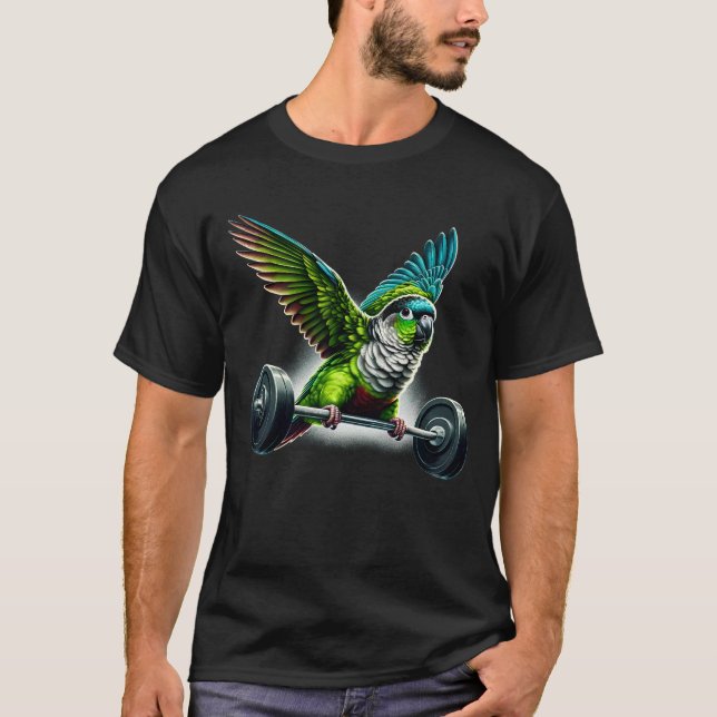 Funny Green Cheek Conure Parrot Deadlift T-Shirt (Front)