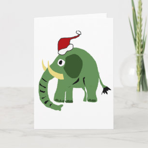 Funny Green Christmas Elephant in Santa Hat Holiday Card
