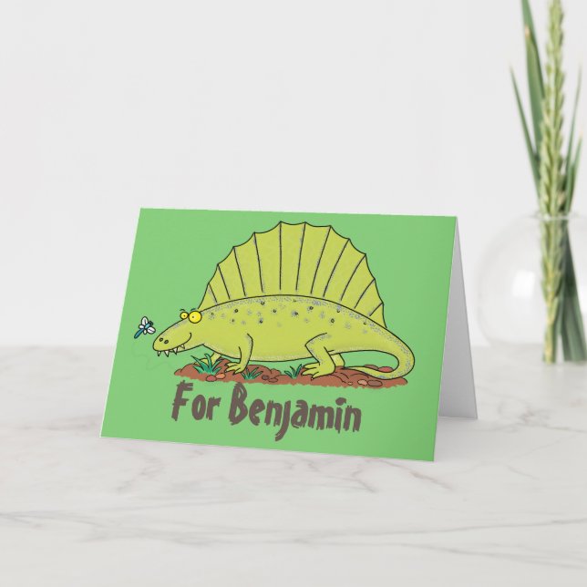 Funny green dimetrodon cartoon dinosaur birthday card (Front)