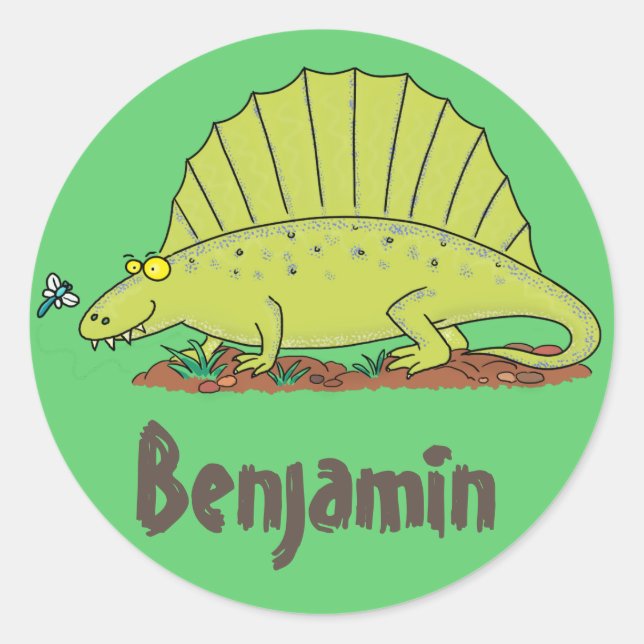 Funny green dimetrodon cartoon dinosaur classic round sticker (Front)