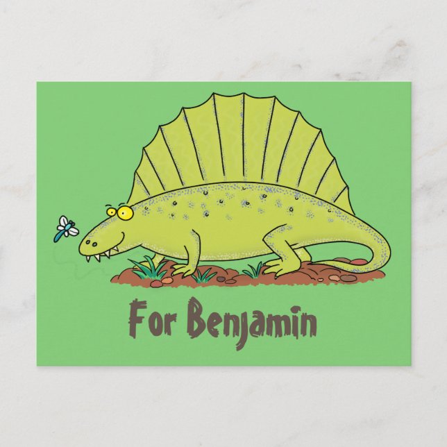 Funny green dimetrodon cartoon dinosaur postcard (Front)