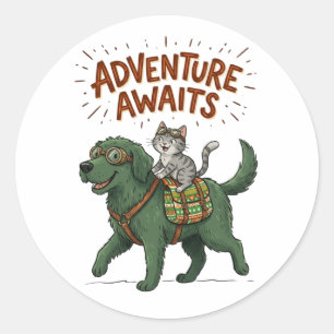 Funny Green Dog & Cat Adventure Awaits Classic Round Sticker