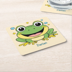 Funny Green Frog animal wildlife cartoon Birthday Square Paper Coaster