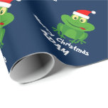 Funny green frog Christmas wrapping paper for kids<br><div class="desc">Funny green frog Christmas wrapping paper for kids. Cute tode with Santa hat gift wrap personalized with child's name. Cartoon animal gift wrap design for little boys and girl. Make one for son, grandson, daughter, new baby, grandchild etc. Holiday illustration for children. Fun Santa Clause forest animal. Custom color background...</div>