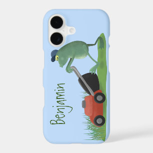 Funny green frog mowing lawn cartoon