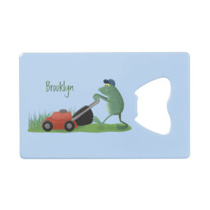 Funny green frog mowing lawn cartoon