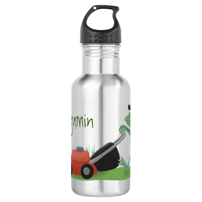 Funny green frog mowing lawn cartoon 532 ml water bottle (Front)