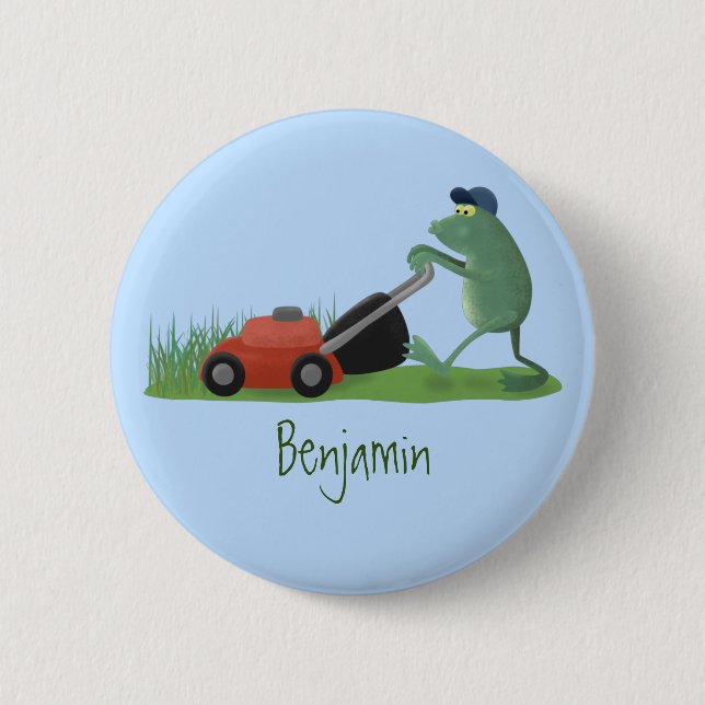 Funny green frog mowing lawn cartoon 6 cm round badge (Front)