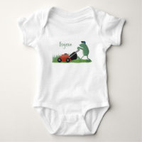 Funny green frog mowing lawn cartoon