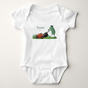 Funny green frog mowing lawn cartoon baby bodysuit
