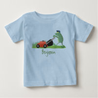 Funny green frog mowing lawn cartoon