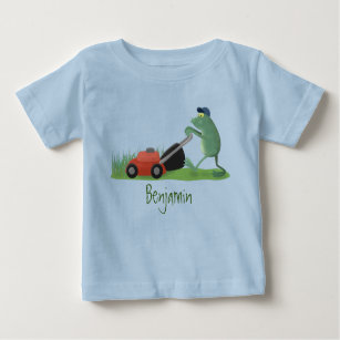 Funny green frog mowing lawn cartoon baby T-Shirt