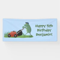 Funny green frog mowing lawn cartoon