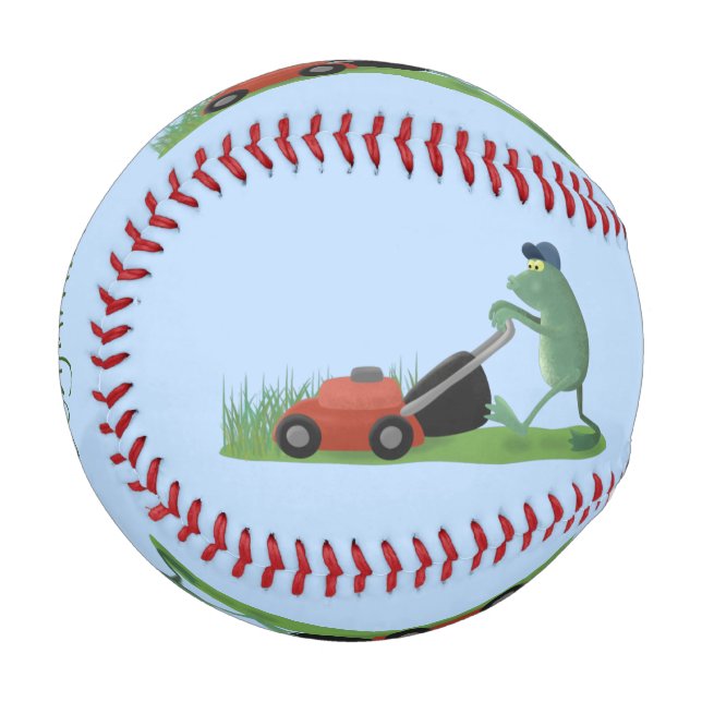 Funny green frog mowing lawn cartoon baseball (Front Left)