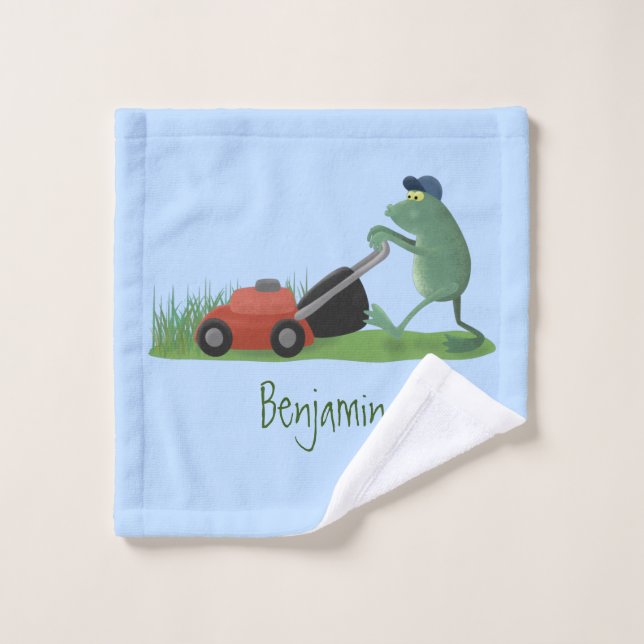 Funny green frog mowing lawn cartoon bath towel set (Wash Cloth)