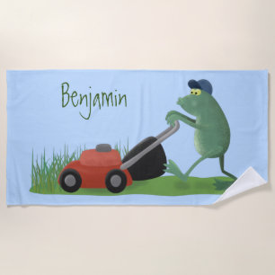 Funny green frog mowing lawn cartoon beach towel
