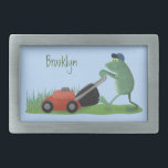 Funny green frog mowing lawn cartoon belt buckle<br><div class="desc">A funny green frog mowing the lawn in silly cartoon style.</div>