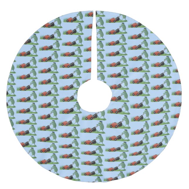Funny green frog mowing lawn cartoon brushed polyester tree skirt (Front)