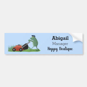 Funny green frog mowing lawn cartoon bumper sticker
