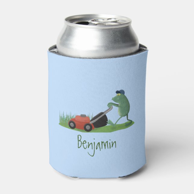 Funny green frog mowing lawn cartoon can cooler (Can Front)