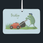 Funny green frog mowing lawn cartoon car air freshener<br><div class="desc">A funny green frog mowing the lawn in silly cartoon style.</div>