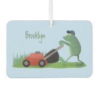 Funny green frog mowing lawn cartoon