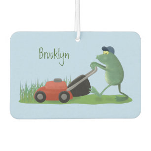 Funny green frog mowing lawn cartoon car air freshener