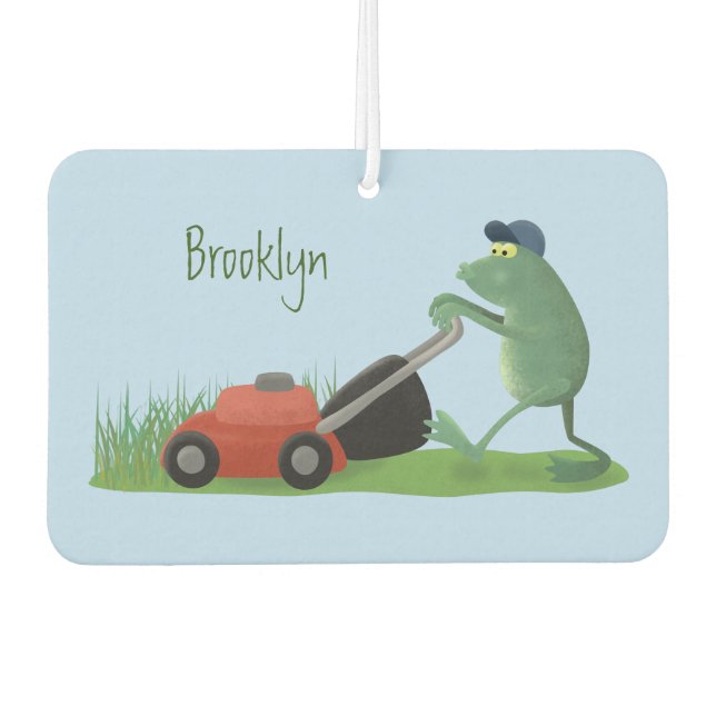Funny green frog mowing lawn cartoon car air freshener (Front)