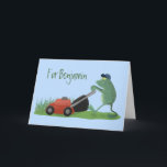 Funny green frog mowing lawn cartoon card<br><div class="desc">A funny green frog mowing the lawn in silly cartoon style.</div>