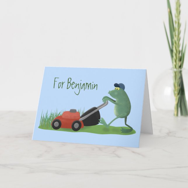 Funny green frog mowing lawn cartoon card (Front)