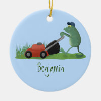 Funny green frog mowing lawn cartoon
