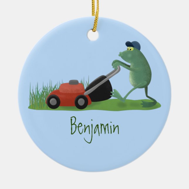 Funny green frog mowing lawn cartoon ceramic tree decoration (Front)